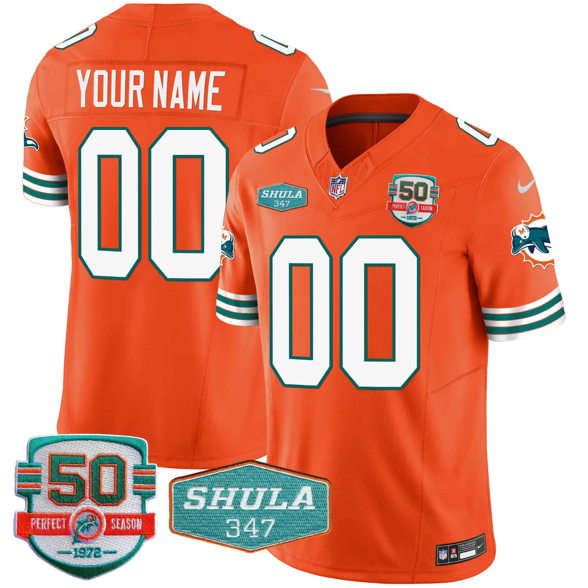Men Miami Dolphins Orange 2024 Nike Throwback Shula 347 Patch Vapor Custom NFL Jersey